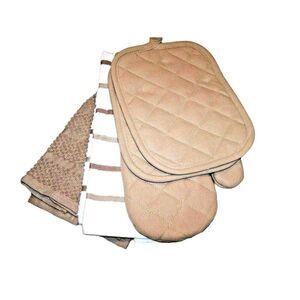 Brown White Tan Kitchen Towels Oven Mitt Potholders Cotton Solid Stripe 5-Piece